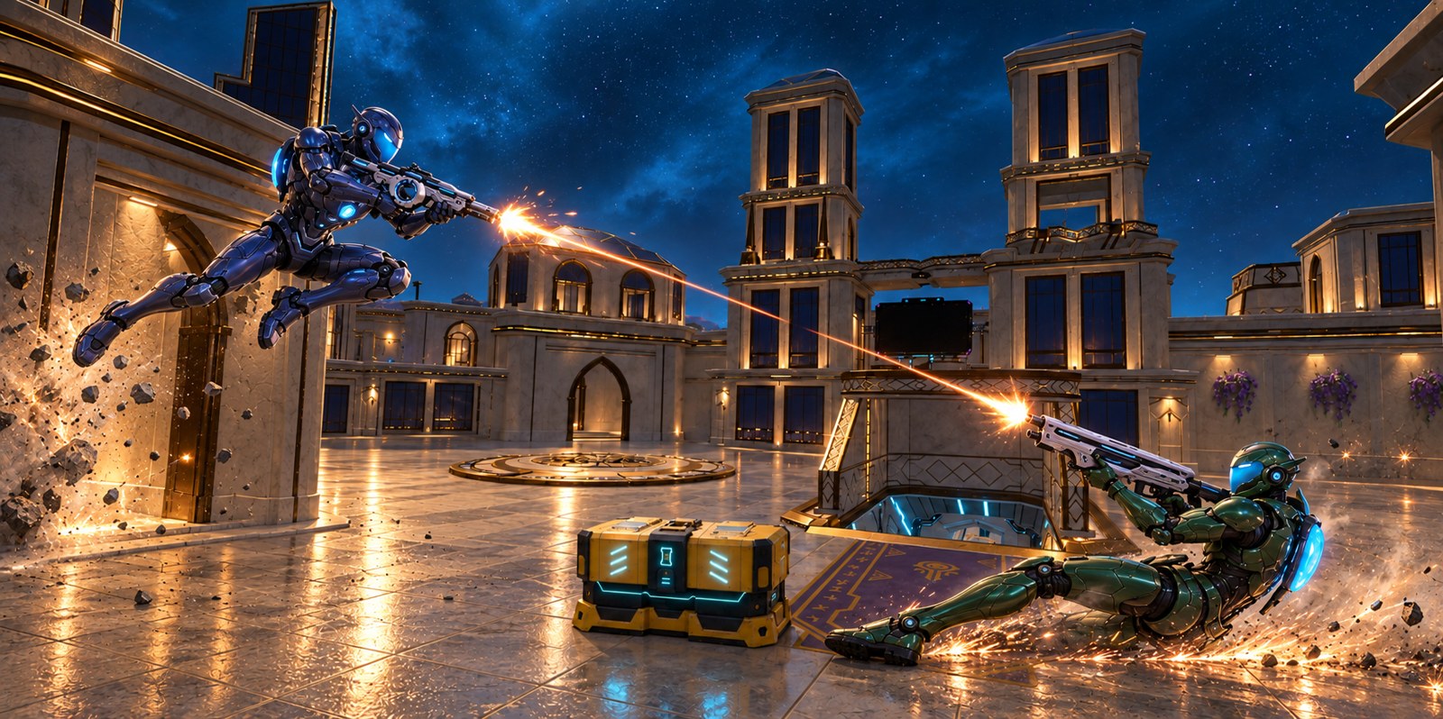 Planet-X droids competing for a treasure chest